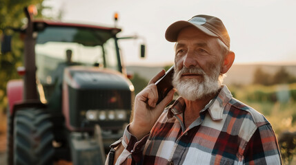 Furious mature farmer talking on mobile phone in front of tractor in field