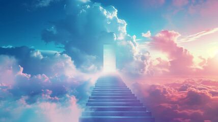 Minimalistic, vibrant staircase leading to a surreal door in the sky, fantasy clouds billowing - obrazy, fototapety, plakaty