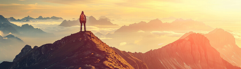 A lone adventurer stands atop a mountain peak, overlooking a breathtaking vista of cloud-wrapped mountains bathed in the warm glow of sunrise