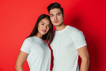 Fototapeta premium Diverse Couple in Casual Attire Against Red Background