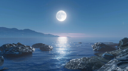 A radiant full moon shining over a tranquil ocean landscape. . .