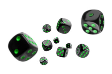 Ten black dice in air on white background
