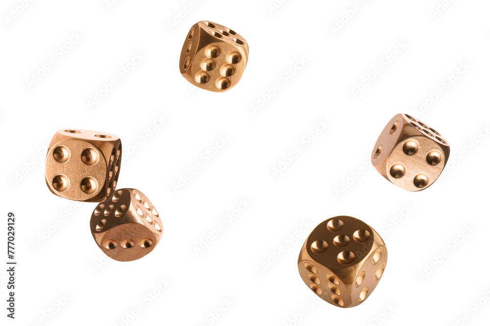 Canvas Prints Five golden dice in air on white background