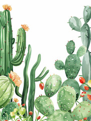 Watercolor cacti and chili peppers border, vibrant, Cinco de Mayo theme.