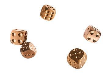 Five golden dice in air on white background