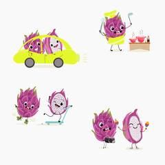 Cute characters pitaya, dragon fruit, pitahaya, funny fruits set, collection. Flat vector illustration. Activities, playing musical instruments, sports, vector illustrations.