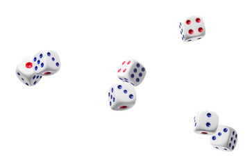 Seven dice in air on white background