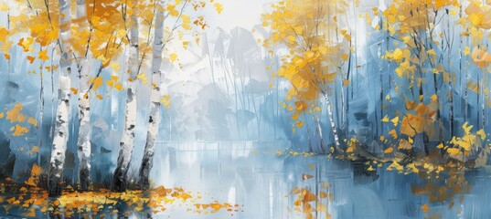 Abstract oil painting of birch trees with yellow leaves, lake and foggy forest landscape in soft...