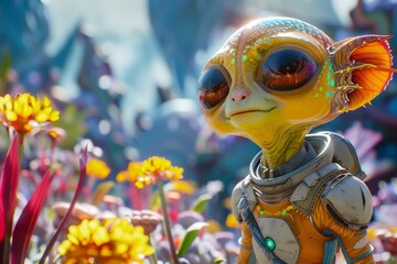 A cheeky, villainous space alien exploring a brightly hued alien planet with adorable flora and fauna, in stunning 3D detail