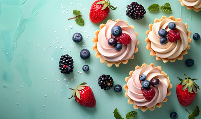 Delicious sand dough tartlets with vanilla cream swirl, blueberries, raspberries, strawberries,...