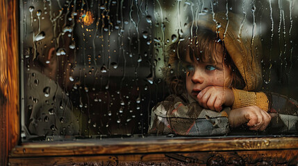 A sad child sitting by the window wearing jacket with hoodie raining outside - obrazy, fototapety, plakaty