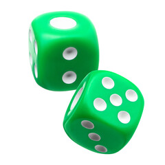 Two green dice in air on white background