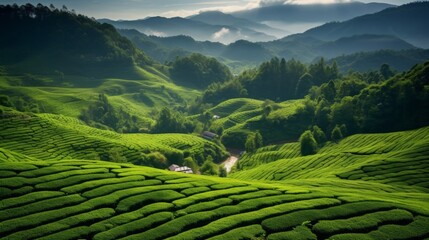 A tea plantation with a scenic panorama of green fields and a blue sky - obrazy, fototapety, plakaty