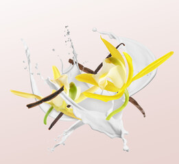 Vanilla pods and flowers with splash of milk in air on beige background