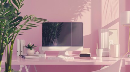 Digital nomad oasis, sleek gadgets on a minimal desk, serene workspace vibes, soft pastel colors