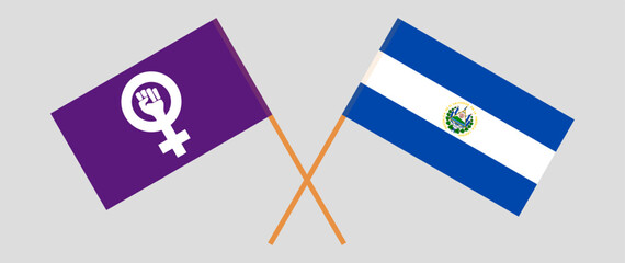 Crossed flags of Feminism and El Salvador. Official colors. Correct proportion