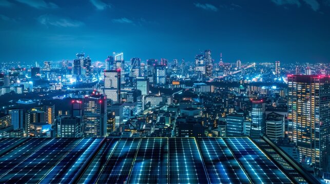 A cityscape at night where the urban lights are illuminated by the silent power of solar panels on the rooftops emitting a soft and . .