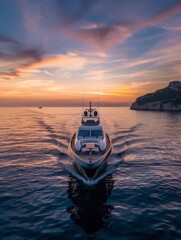 Luxury yacht sailing at sunset, epitome of leisure, calm seas, exclusive travel experience