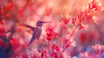 Naklejka premium kolibri on torch flower in the flower exotic garden,