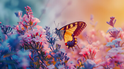 Cool image of morning nature with butterfly against blurred meadow background. Beautiful spring - summer nature wallpaper