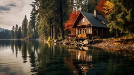 Obraz premium A serene and relaxing cabin near the lake with a porch and a rocking chair