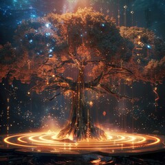 Yggdrasil, the World Tree, reimagined in bytes and light, its branches spreading holographic runes across a digital Valhalla - obrazy, fototapety, plakaty