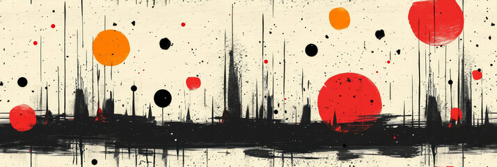 Modern abstract painting with black and red splatters and circles on a textured cream canvas. seamless pattern