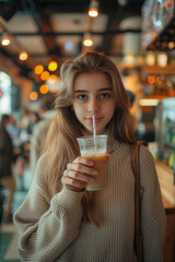 Young woman in a cafe drinks a drink with a cup
