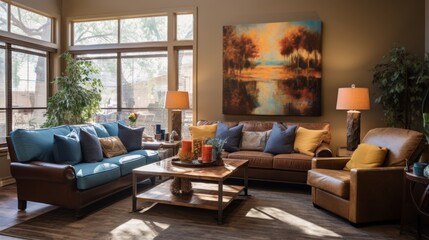 A fireplace, a sofa, and a coffee table make a cozy lounge area