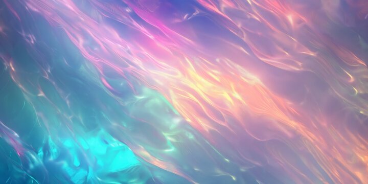 Dreamy iridescent surface plays with light, forming waves and ripples in an otherworldly abstract holographic backdrop
