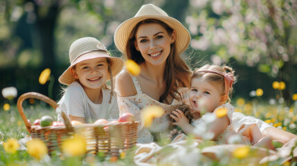 Happy mother and two children family in garden doing a picnic outdoor meal
