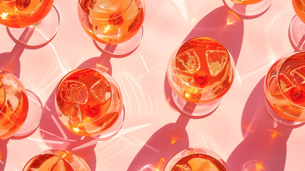 Alcoholic Aperol Spritz cocktails pattern on pink background. Minimalistic glamour backdrop. Party vibes, fresh drink, summer banner.
