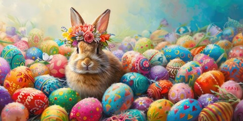 A cute organism, a bunny, adorned with a crown made of terrestrial plant petals, is joyfully surrounded by colorful easter eggs. It looks happy and ready for the festive event AIG42E - obrazy, fototapety, plakaty