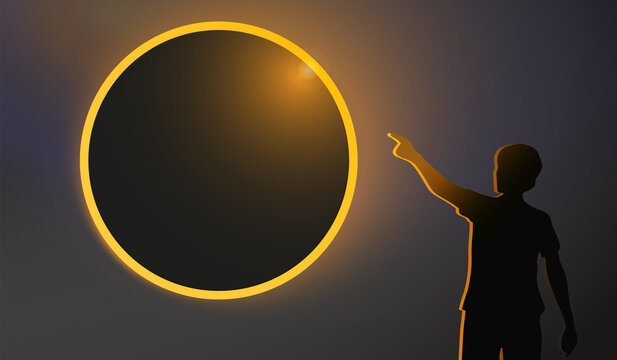 A man points his index finger at a solar eclipse.
