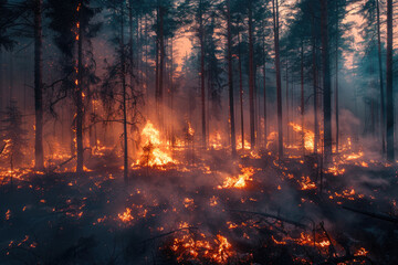 Forest fire, wall of wildfire flames