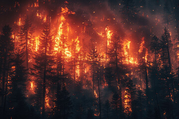 Forest fire, wall of wildfire flames