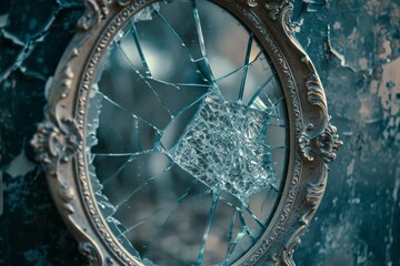 A broken mirror sits on a wall, reflecting scattered shards and the surrounding environment, A mirror reflecting shattered and distorted images, AI Generated