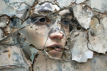 A womans face is visible through a broken section of a wall, showing signs of resilience and strength, A mirror reflecting shattered and distorted images, AI Generated