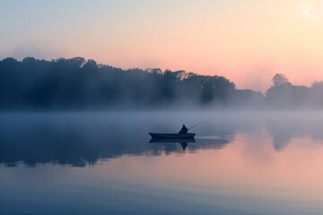 A person navigates a small boat across a serene lake surrounded by picturesque scenery, A misty...