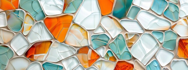 Colorful glass mosaic tile background with white, orange and teal colored blocks