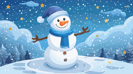 Snowman wearing a hat and a blue scarf with star sky a