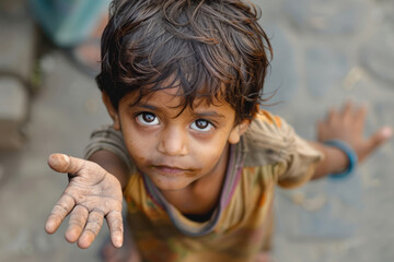 Beggar child with outstretched hand asking for food - obrazy, fototapety, plakaty