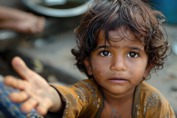 Beggar homeless child begging on the street