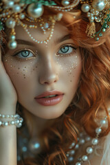 Portrait of a beautiful mermaid girl with pearl jewelry