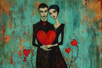 This photo features a painting showing two individuals holding a heart, emphasizing their connection and love, A modern interpretation of Saint Valentine, AI Generated