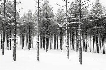 This black and white photo captures a winter landscape of a forest covered in snow, A monochrome...