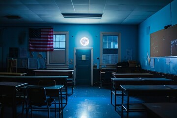 A vacant classroom showing rows of desks and a flag hanging on the wall, A moonlight illuminated empty classroom, seen from a slightly open door, AI Generated