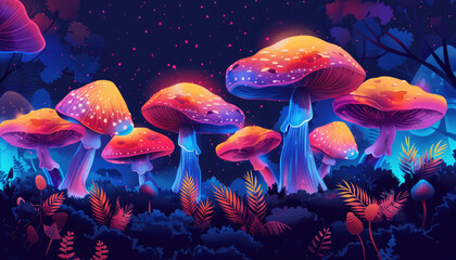 Neon glowing magical psychedelic mushrooms - obrazy, fototapety, plakaty