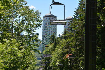 新緑の中のスキー場のリフト