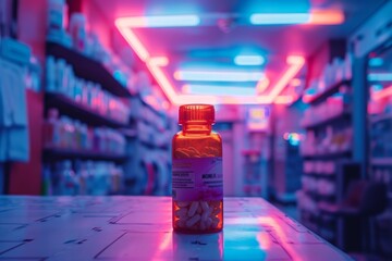 A photo capturing a bottle of pills placed on a counter inside a pharmacy, A morphine bottle in a neon lit pharmacy, AI Generated